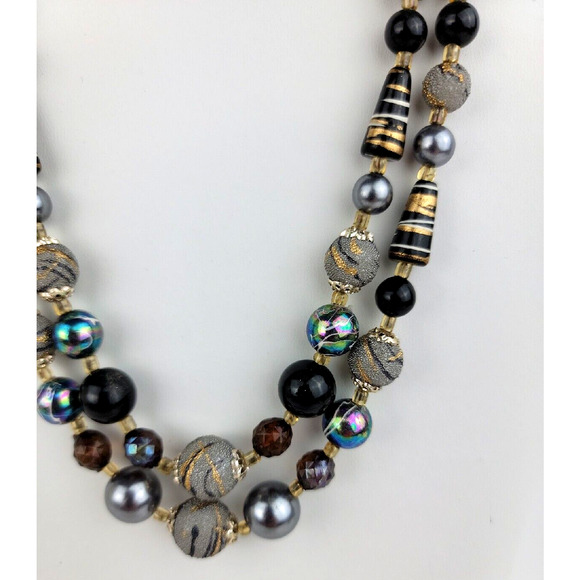 Necklace 2 Strand Black Gray Silver Design Beaded Vintage Marked Japan 13 15 in - Picture 2 of 11